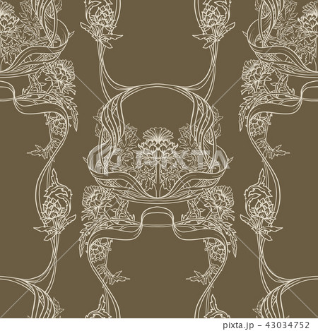 Seamless pattern with thistle flower, background in 
 art nouveau style, vintage, old, retro style 43034752