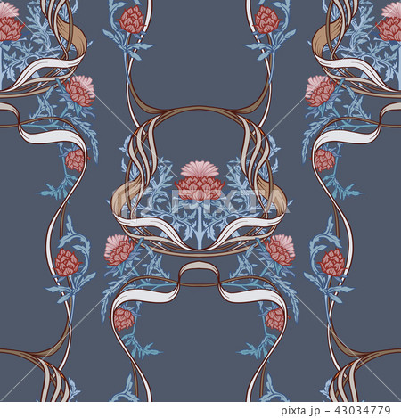 Seamless pattern with thistle flower, background in
art nouveau style, vintage, old, retro style Seamless pattern with thistle flower, background in
art nouveau style, vintage, old, retro style 43034779
