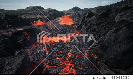 Lava flowing from volcano lava eruption. 3D Rendering. Lava flowing from volcano lava eruption. 3D Rendering. 43041556