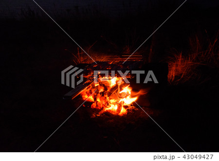 Hot chicken thighs on the fire at night on the beach 43049427