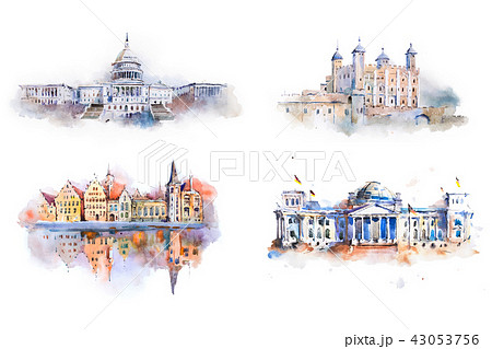 Watercolor drawing most famous buildings, architecture, sights of European countries. Watercolor drawing most famous buildings, architecture, sights of European countries. 43053756