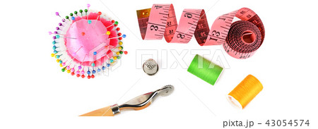 Sewing pattern. Flat lay, top view. Wide photo. 43054574