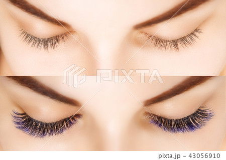 Eyelash Extension. Comparison of female eyes before and after. Blue ombre lashes. Eyelash Extension. Comparison of female eyes before and after. Blue ombre lashes. 43056910