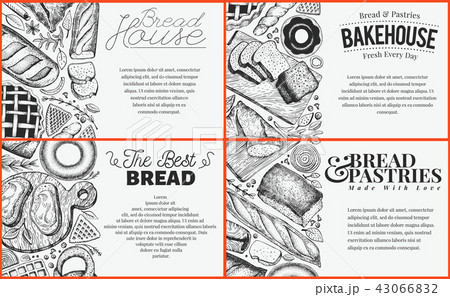 Bakery top view baner design set. Hand drawn vector illustration with bread and pastry on chalk 43066832