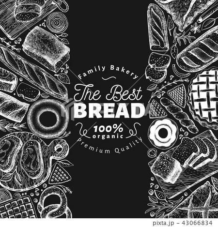 Bakery top view frame. Hand drawn vector illustration with bread and pastry on chalk board. Retro 43066834