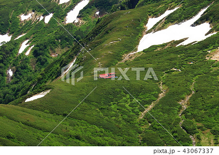 北アルプス雲ノ平　祖父岳山頂からの三俣山荘遠景 43067337