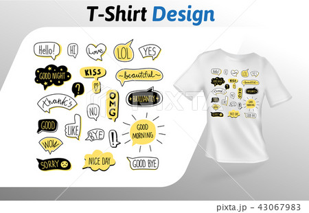 Speech bubbles with short handwritten messages, t-shirt print. Mock up t-shirt design template 43067983