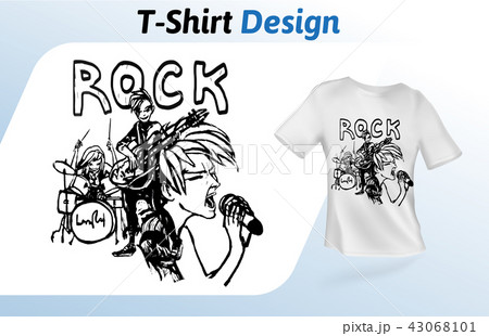 Rock band on stage, hand-drawn t-shirt print. Mock up t-shirt design template. Vector template 43068101
