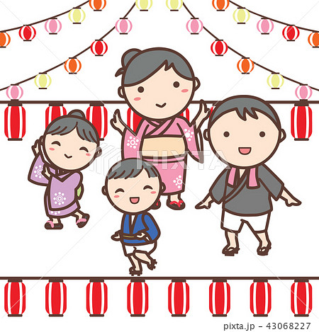 夏祭りで踊る浴衣を着た家族のイラストのイラスト素材