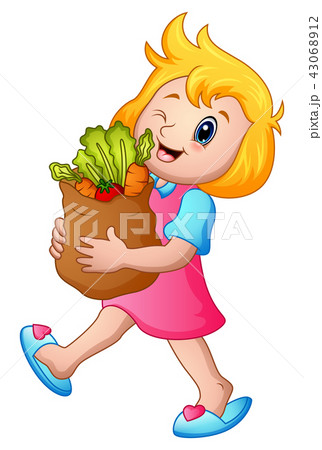 Cartoon girl holding paper bag of groceries 43068912