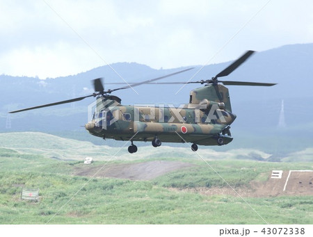 広い草原を低空で旋回飛行する災害派遣でも活躍する陸上自衛隊のCH-47Jチヌーク輸送ヘリコプター 43072338