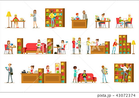 People Taking And Reading Books In Library Set Of Illustrations 43072374
