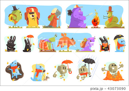 Monsters Hiking And Camping. Funky Creatures Colorful Characters With Walking Outdoors 43073090