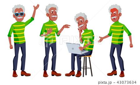 Old Man Poses Set Vector. Black. Afro American. Elderly People. Senior Person. Aged. Positive Old Man Poses Set Vector. Black. Afro American. Elderly People. Senior Person. Aged. Positive 43073634