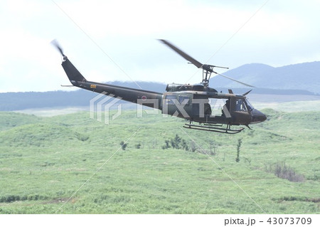 東富士演習場の草原を低空で飛行する災害派遣でも活躍する陸上自衛隊のUH-1Jイロコイス多用途ヘリ 43073709