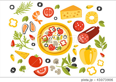 Pizza Preparation Set Of Ingredients Illustration. Flat Primitive Graphic Style Collection Of 43073906