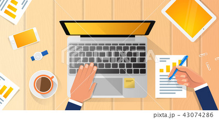 Businessman Workplace Desk Hands Working Laptop Flat Vector Illustration Business Man Top Angle 43074286