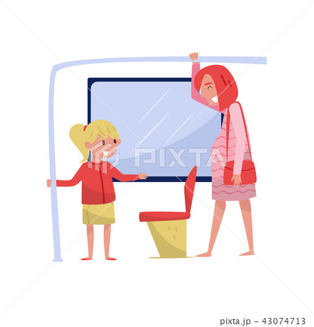 Cute little girl on the bus gives way seat to young pregnant woman. Child with good manners. Flat Cute little girl on the bus gives way seat to young pregnant woman. Child with good manners. Flat 43074713
