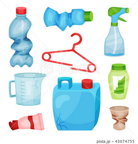 Flat vector set of plastic waste. Crumpled bottles and cup, broken hanger, cracked canister and Flat vector set of plastic waste. Crumpled bottles and cup, broken hanger, cracked canister and 43074755
