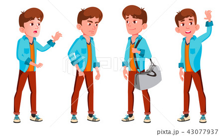 Teen Boy Poses Set Vector. Positive Person. For Postcard, Cover, Placard Design. Isolated Cartoon 43077937