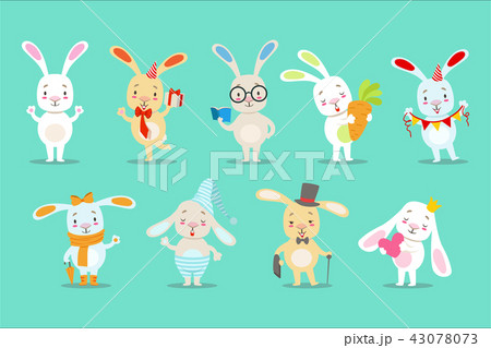Little Girly Cute White Bunny Cartoon Character Different Activities And Situations Set OF Vector 43078073