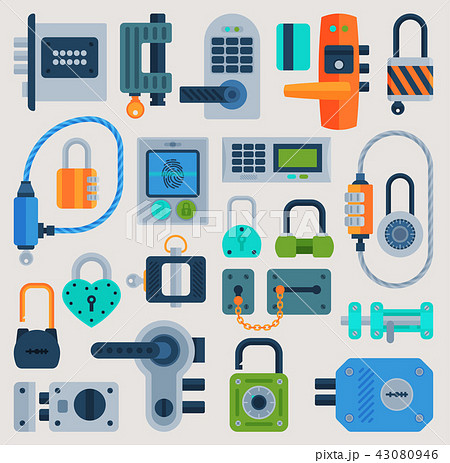 Lock door vector flat icons set security house protection concept Safety password sign privacy 43080946