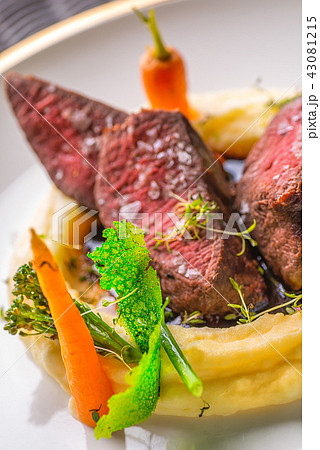 delicious venison steak with potatoes mash delicious venison steak with potatoes mash 43081215