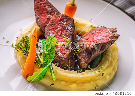 delicious venison steak with potatoes mash delicious venison steak with potatoes mash 43081216