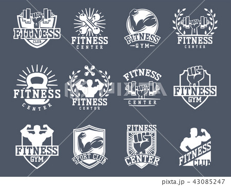 Monochrome fitness emblem design element gym sport club strong equipment silhouette vector 43085247