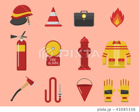 Fire safety equipment emergency tools firefighter safe danger accident protection vector 43085336
