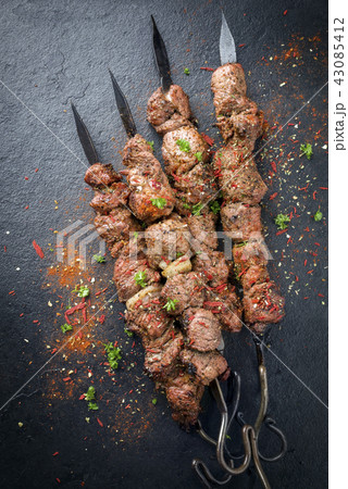 shashlik on a barbecue skewer shashlik on a barbecue skewer 43085412