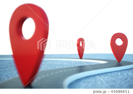 Road way location Infographic with pin pointers. Road way with red pointers. Road way on cloudy blue 43086651