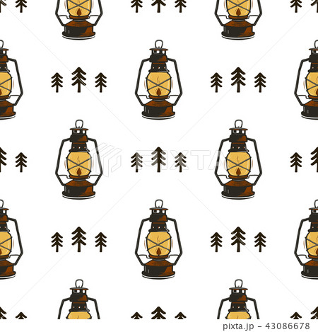 Retro camp seamless pattern with Lanterns and trees. Vintage hand drawn concept. Old style colors 43086678