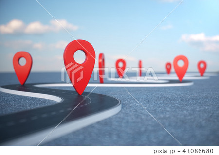 Road way location Infographic with pin pointers. Road way with red pointers. Road way on cloudy blue 43086680