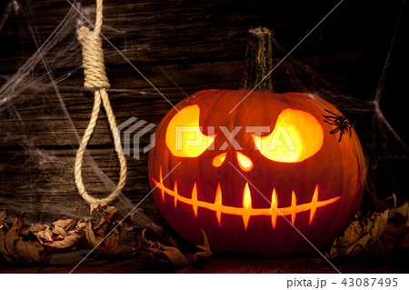 Halloween pumpkin head jack on wooden background 43087495
