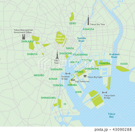 東京ベイエリア 東京湾周辺 道路マップ 英語 地名 観光名所付きのイラスト素材