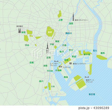 東京ベイエリア 東京湾周辺 道路マップ 地名 観光名所付きのイラスト素材 43090289 Pixta