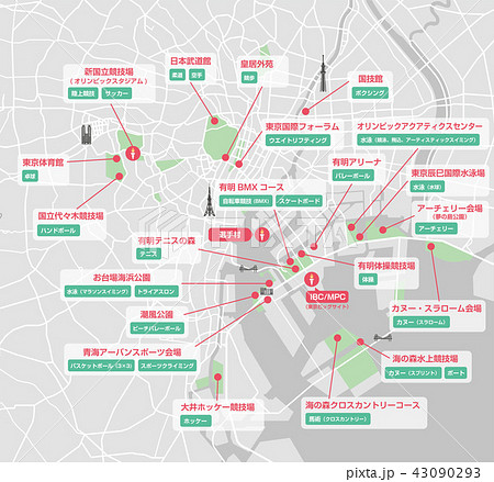 東京オリンピック ベイエリア開催地マップ 競技種目名付きのイラスト素材