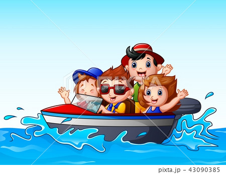 Kids riding a motor boat in the ocean Kids riding a motor boat in the ocean 43090385