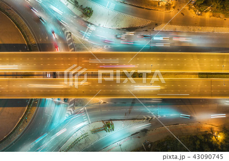 Aerial view highway road intersection at night. 43090745