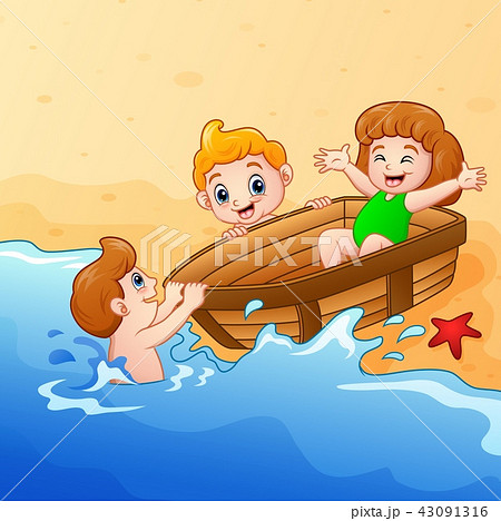 Kids playing boat around water on seashore 43091316