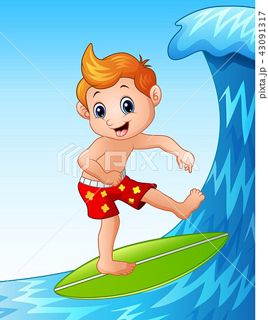 Cartoon boy playing surfboard with big waves 43091317