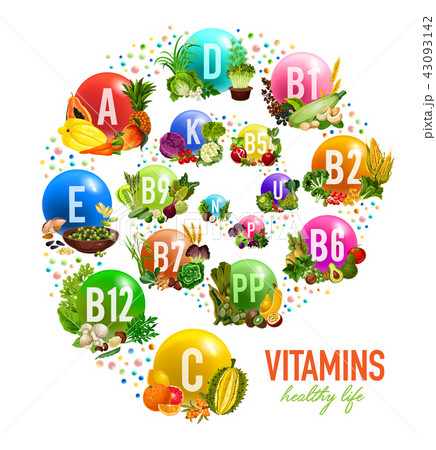 Fruits, nuts and vegetable vitamins, vector 43093142