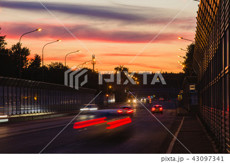 Summer landscape with highway and tracks from car headlights 43097341