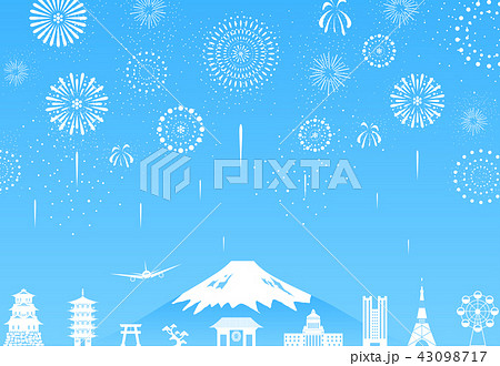 日本の風景　花火　ブルー背景 43098717