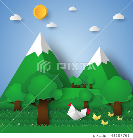 Chicken in the garden , paper art style 43107761