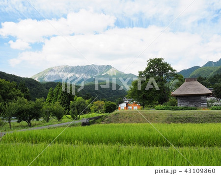 夏の奥大山の風景　茅葺小屋のある夏の奥大山　 43109860