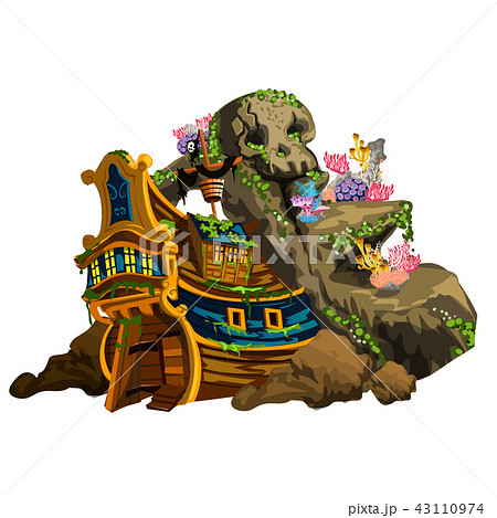 The sunken pirate ship overgrown coral polyps. Stage of growth and formation of coral reefs isolated 43110974