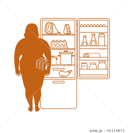 Fat woman stands at the fridge full of food 43114671