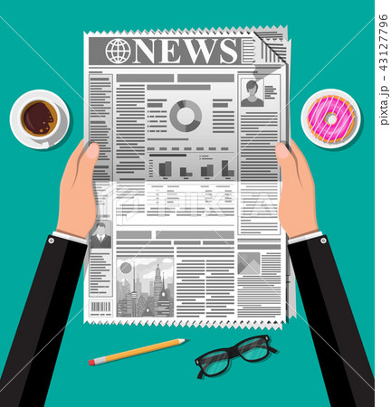 Newspaper, cup of coffee, donut, pencil. 43127796